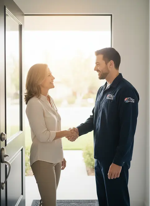 A friendly HVAC technician in a branded uniform shaking hands with a smiling homeowner at her front door.
