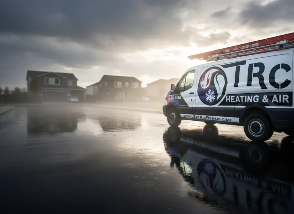 A TRC Heating & Air service van parked on a suburban street at dawn, with its reflection visible in a puddle on the pavement.